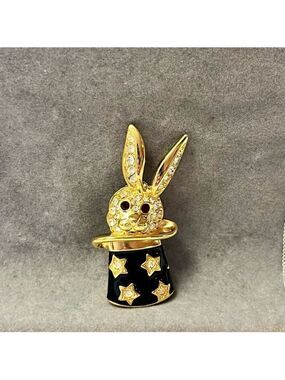 Signed KJL Kenneth Jay Lane Gold and Black Magic Rabbit Brooch vintage 90s glam